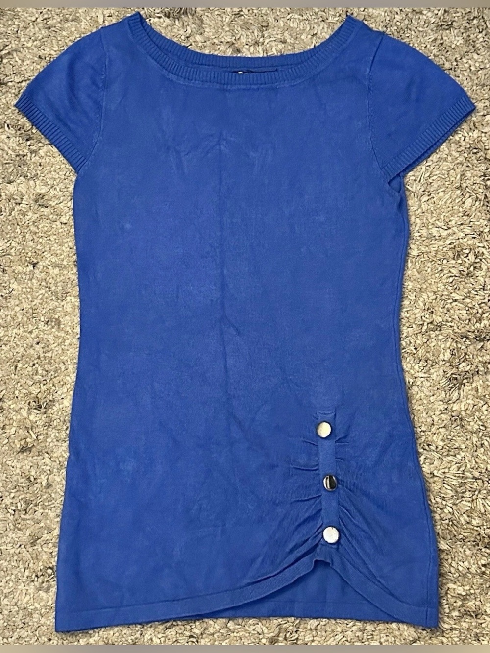 Planet Gold Women’s L Blue Boat Neck 3 Decor Buttons Slim Short Sleeve Shirt